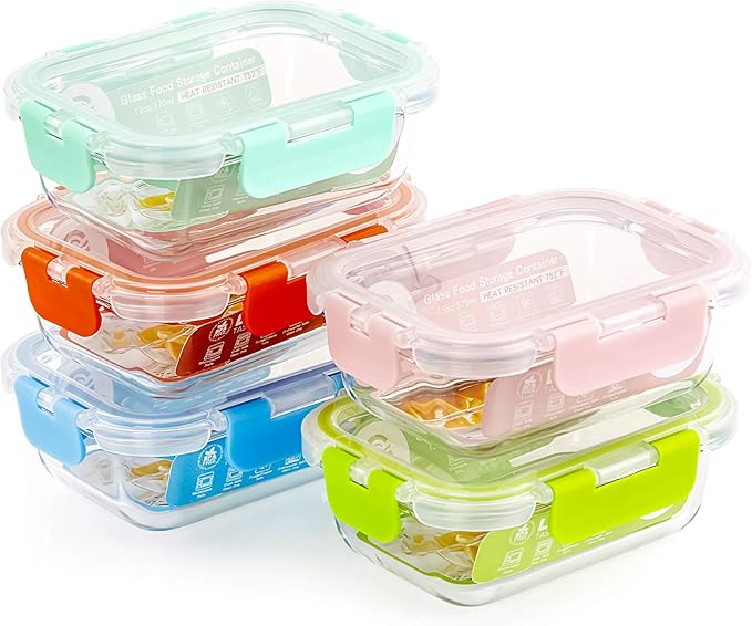 C CREST [5-Pack] Glass Lunch Box, Meal Prep Glass Containers with Lids, Glass Food Storage Containers, 34 OZ