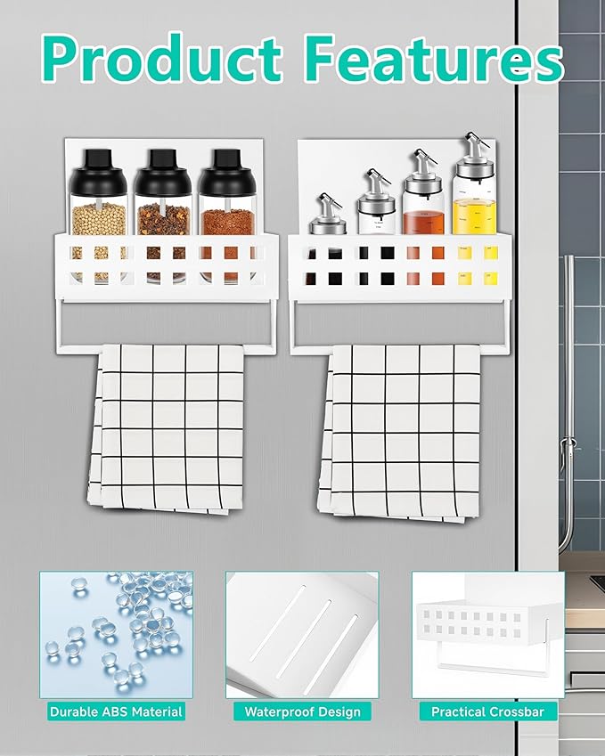 2 Pack Magnetic Spice Storage Rack Organizer for Refrigerator with Towel Bar, 4.9"W Holds Large Jars of Jam, Condiments, Magnetic Spice Rack for Stove and Oven, 4 Magnents and Sticker No Falling Off