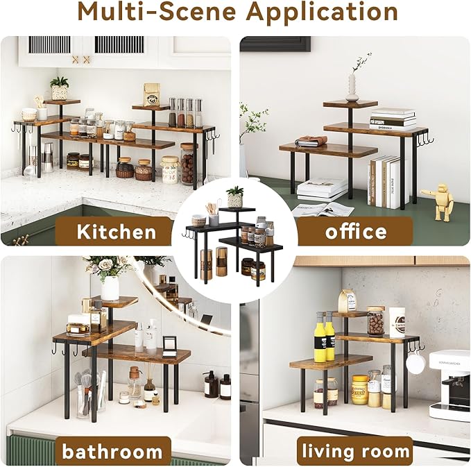 IBUYKE Countertop Organizer,3-Tier Spice Racks,Kitchen Counter Corner Shelf,4 Side Hooks,Adjustable Countertop Shelf for Kitchen, Bathroom, Coffee Bar, Cabinet, Desk,Rustic Brown,TLJ023H