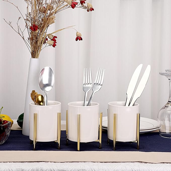 JUXYES Pack of 3 Ceramic Silverware Holder For Party Table, White Cutlery Holder Holder With Golden Metal Bracket, Small Flatware Caddy Organizer Utensil Holder Organizer for Kitchen Dining Tables