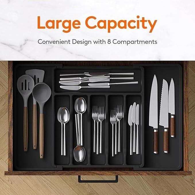 silverware drawer organizer, expandable silverware storage, utensil organizer, durable plastic cutlery storage box for forks, spoons, and knives - kitchen essentials for new home (black)