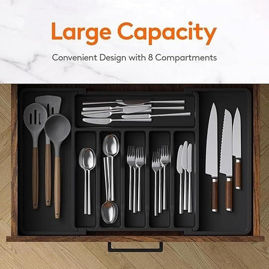 silverware drawer organizer, expandable silverware storage, utensil organizer, durable plastic cutlery storage box for forks, spoons, and knives - kitchen essentials for new home (black)