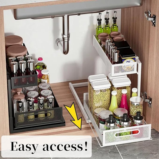 Undersink Organizers 2-Tier Under Cabinet Pull Out Storage with Sliding Out Drawers, Under Sink Organizer for Bathroom Kitchen Durable Wire Rack Shelf Space-Saving Organization, White 1 Pack