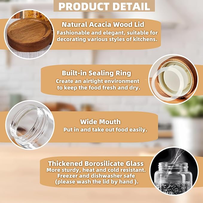 17 Fl oz/500 ml Glass Food Storage Jar, Small Clear Glass Container Jar with Airtight Wooden Screw Lid, Kitchen Canisters for Coffee,Tea,Pasta,Cookies, Nuts,Spice,Candy,Overnight Oatmeal