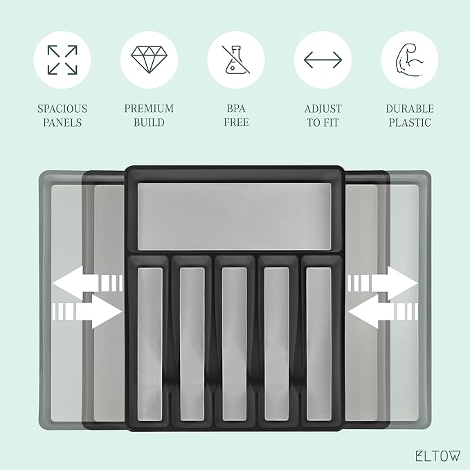 ELTOW Large Expandable Silverware Drawer Organizer, 8 Compartment Non-Slip & Adjustable Silverware Organizer for Drawer, Kitchen Organization for Utensils, Cutlery, Silverware Tray (Black)