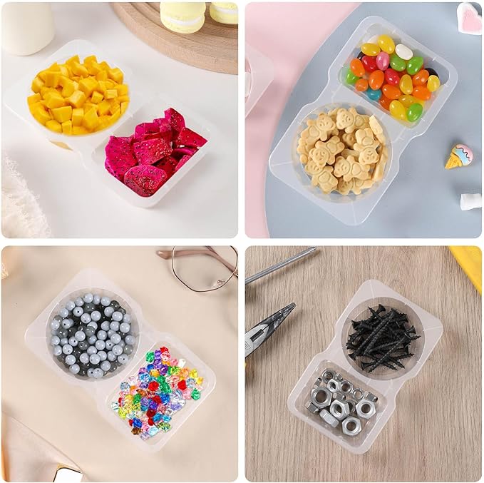 15 Sets Double Compartment Condiment Containers with Lid, Transparent Small Plastic Dipping Containers for Condiments or Dips, Sauce Snack, Salad Dressing, Sampling, Travel Snack