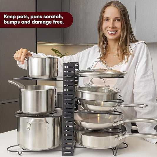 GeekDigg Adjustable Pots and Pans Organizer - 8 Tier Versatile Kitchen Pot Rack for Counter and Cabinet - Easy Setup, 3 DIY Installation Ways, Accommodates 8+ Pots and Pans - Space-Saving Black Design