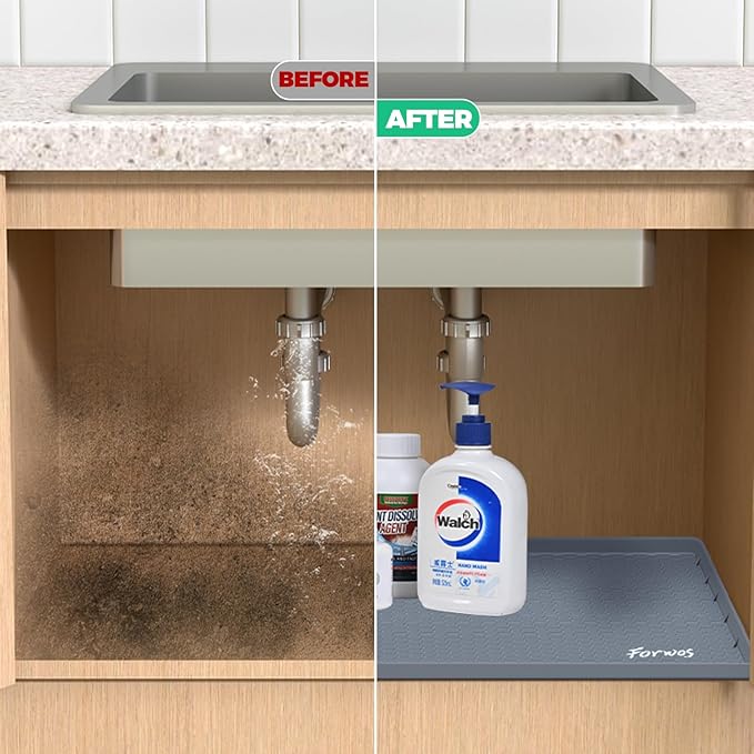 Waterproof Under Sink Mat 34" x 22", Silicone Cabinet Liner, Rubber Protector for Kitchen and Bathroom, Keeps Cabinets Clean, Dry, and Organized (Grey)