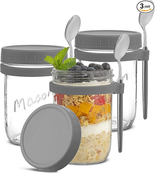 JoyJolt 3-Pack Overnight Oats Containers with Lids and Spoons Set, 16 oz Mason Jars for Overnight Oats, Chia Pudding Jars - BPA-Free, Leak Proof Small Containers for Meal Prep