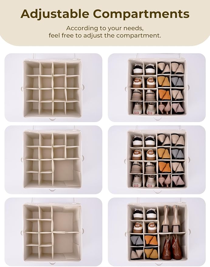 StorageWorks Shoe Organizer for Closet, Fits up to 16 Pairs, Shoe Cubby Storage Containers with Adjustable Dividers and Clear Cover, Gray and White Stripes