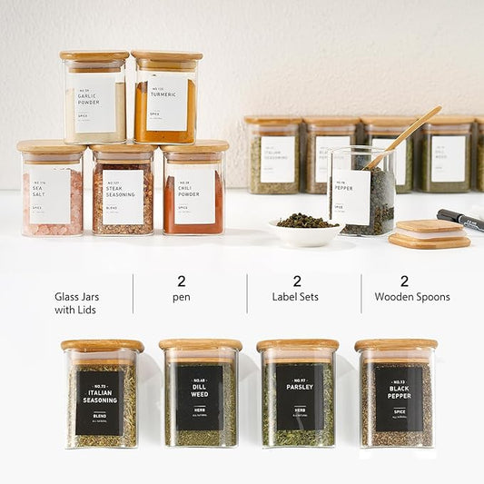 12Pcs Glass Spice Jars with Bamboo Airtight Lids, 6oz Spice Containers with 340 Preprinted Spice Labels of White and Black Color, Empty Seasoning Containers for Spice Salt Sugar Herb