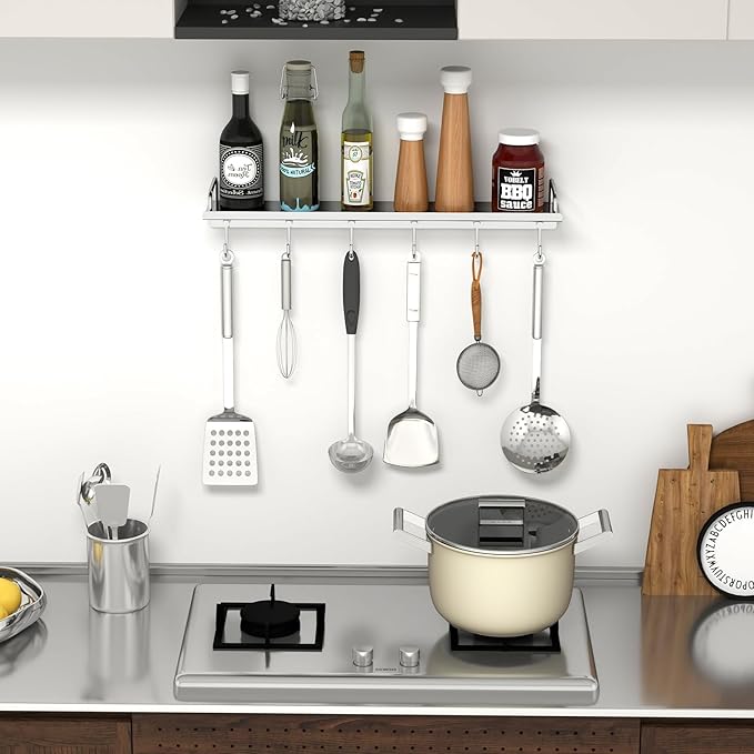Kitchen Utensil Rack, 19.7 inch Spice Rack with 6 Hooks Wall Mount, Over the Stove Shelf, Stainless Steel, Hanging Storage Wall Shelf for Spatula Spoon, Seasoning Jar Organizer