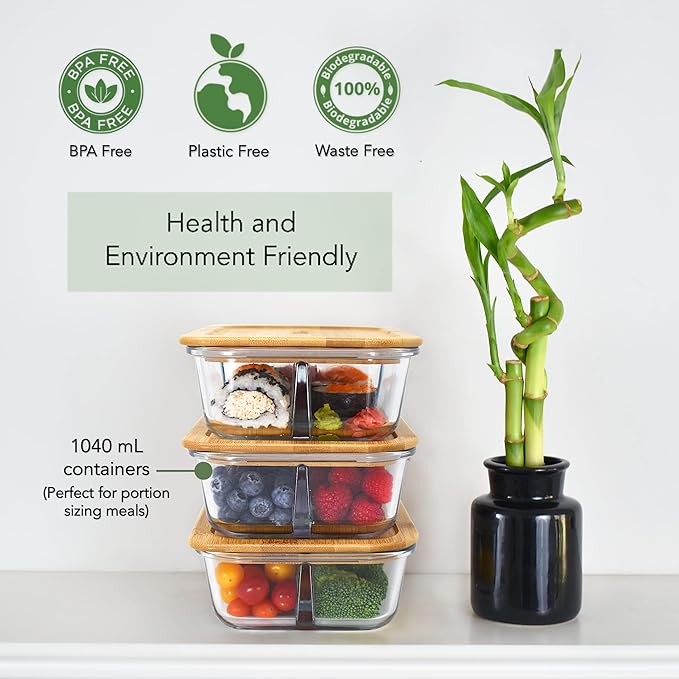 Glass Bento Box Containers with Bamboo Lids, 3 Compartment Glass Meal Prep Containers (3 Pack) - 100% Plastic Free, Eco-Friendly Lunch Container Set, Bamboo Lid Bento Boxes for Adults