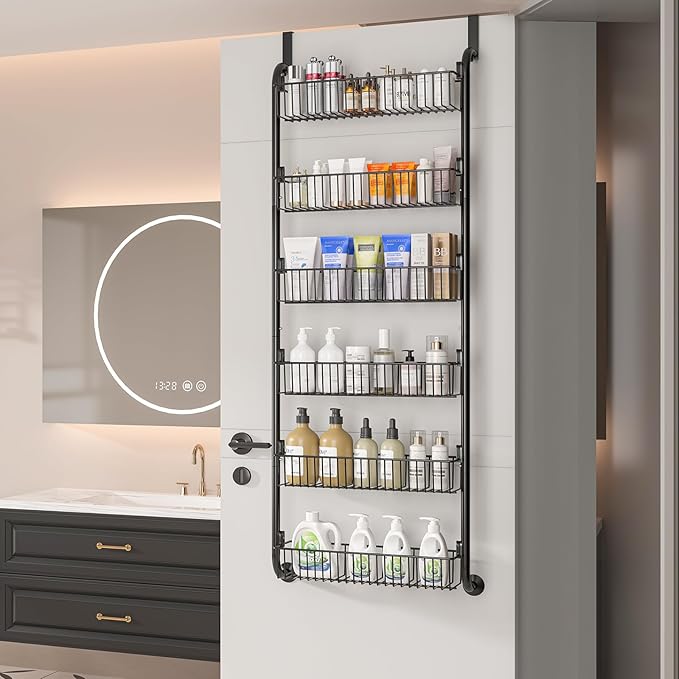 Over The Door Pantry Organizers and Storage, 6-Tier Spice Rack, Home & Kitchen Storage Shelves for Cabinet, Large Capacity Hanging Seasoning Organizer, Laundry Room Organization, Black