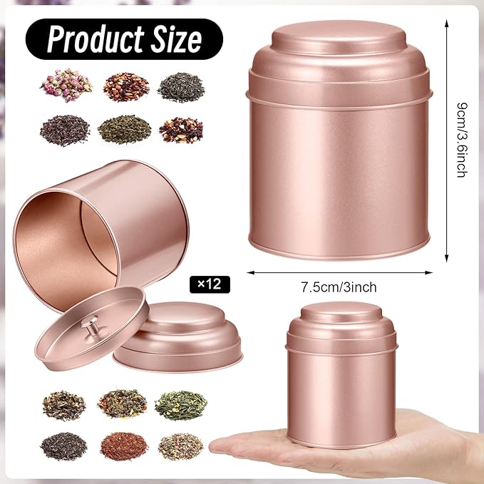 12 Pcs Tea Tin Canister with Airtight Double Lids 8 oz Round Tin Can Box Small Kitchen Tea Canister Loose Leaf Storage Containers for Loose Bags Coffee Sugar Candy Spices(Rose Gold)