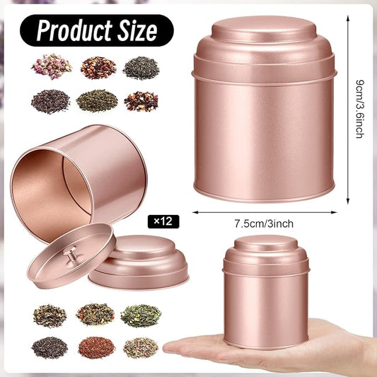12 Pcs Tea Tin Canister with Airtight Double Lids 8 oz Round Tin Can Box Small Kitchen Tea Canister Loose Leaf Storage Containers for Loose Bags Coffee Sugar Candy Spices(Rose Gold)