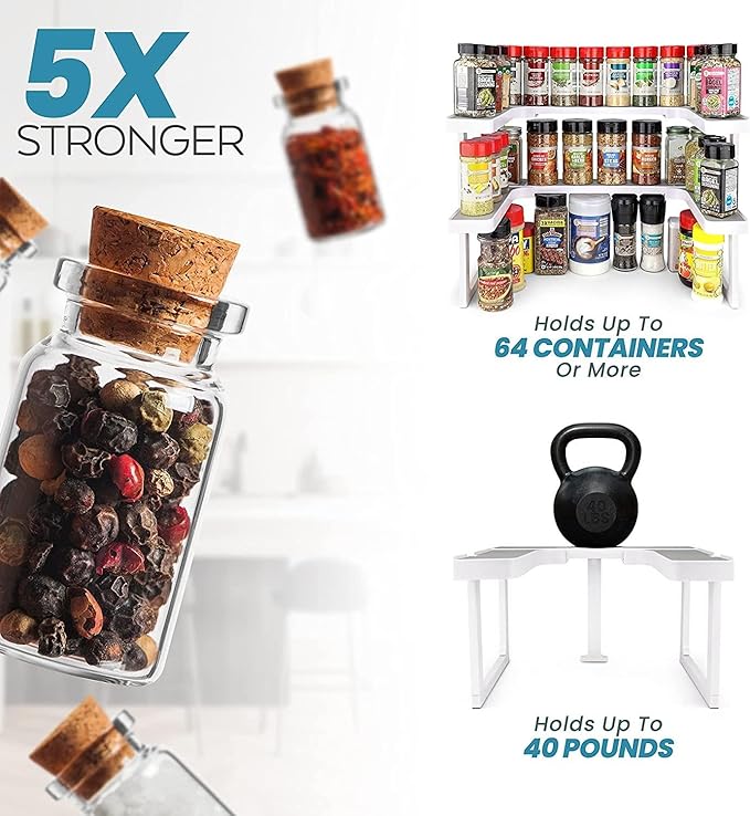 Spicy Shelf with 20 Jars of Spices inclded - Expandable Spice Rack and Stackable Cabinet & Pantry Organizer - Cabinet Spice Racks for inside Cabinets