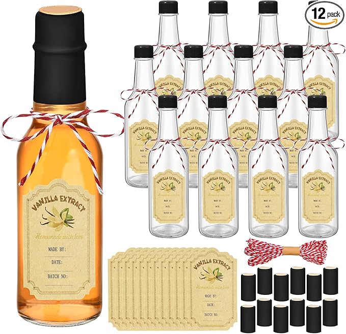12 Pcs Vanilla Extract Bottles for Homemade, Vanilla Jars Glass Bottle with Lids Cap Shrink Band Sticker Syrup Food Storage Canister for Liquids Bean Sauce Spice Gift Giving(5 oz)