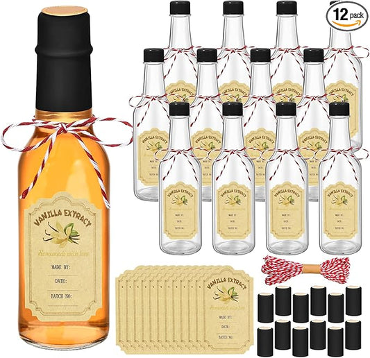 12 Pcs Vanilla Extract Bottles for Homemade, Vanilla Jars Glass Bottle with Lids Cap Shrink Band Sticker Syrup Food Storage Canister for Liquids Bean Sauce Spice Gift Giving(5 oz)