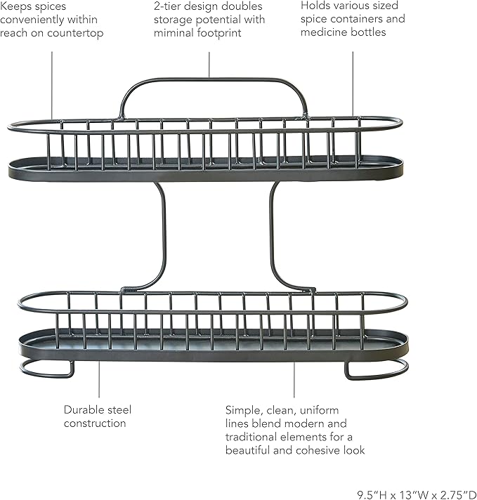Spectrum Yumi 2-Tier Spice Rack (Black) | Dining Table & Kitchen Counter Organizer, Modern Spice Rack Stand | Yumi Collection