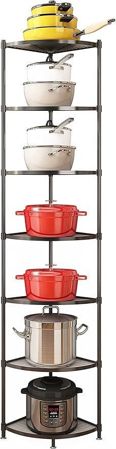 7-Tier Kitchen Corner Shelf Adjustable Pot Rack, Cookware Free Standing Storage Organizer ，Pot and Pans Tower Metal Shelves for Kitchen