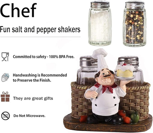 Salt and Pepper Shakers Set,Sitting Chef Decorative Statue Spice Organizer,Glass Spice Jars with Holder Figurine Gift for Family,Kitchen,Restaurant, Cafe,Bakery (Cake)