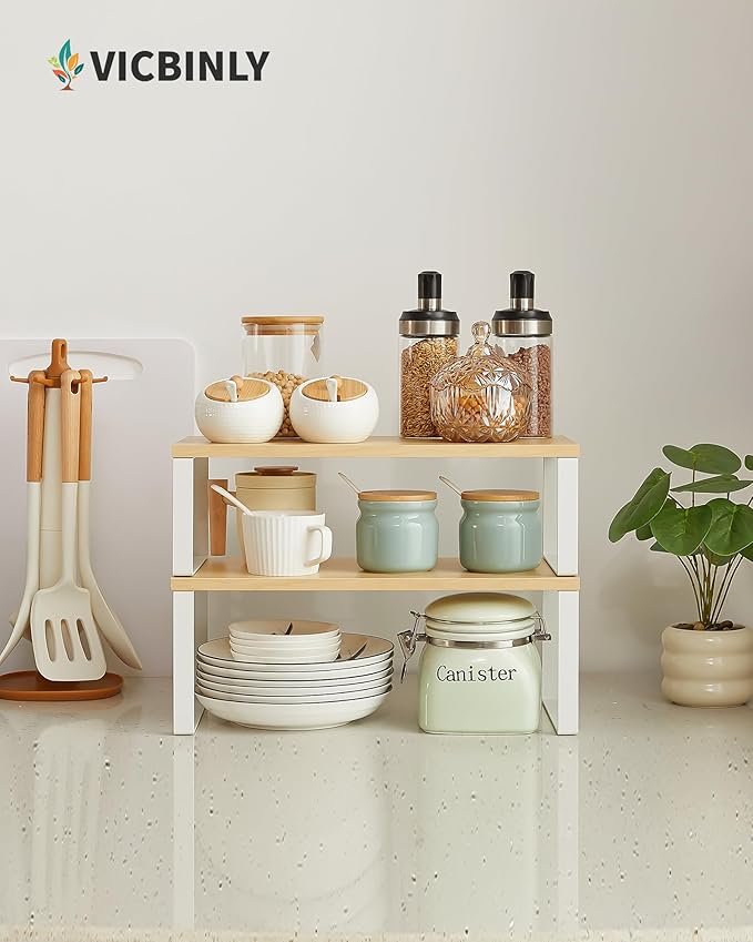 Stackable Kitchen Spice Rack Organizer, Kitchen Counter Shelves for Spices, Utensils, Pantry Storage, Space-Saving for Cabinets, Countertops, White and Natural Beige, TJ39WN02