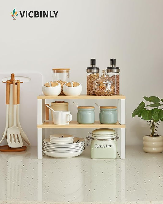 Stackable Kitchen Spice Rack Organizer, Kitchen Counter Shelves for Spices, Utensils, Pantry Storage, Space-Saving for Cabinets, Countertops, White and Natural Beige, TJ39WN02