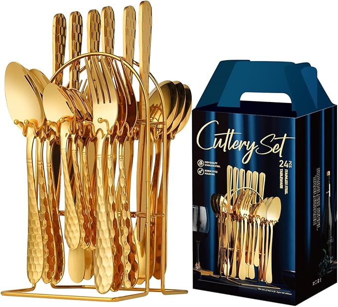 24 Piece Gold Silverware Set with Hanging holder-Service for 6,Stainless Steel Flatware Cutlery Set-Fork Spoon and Knife,Mirror Polished,Dishwasher Safe,Kitchen Utensil Tableware Set,Golden
