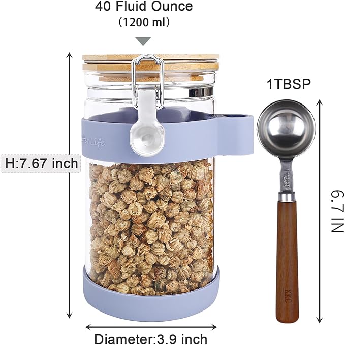 KKC HOME ACCENTS Airtight Clear Glass Food Storage Jar with Clamp Lid and Scoop,Glass Canister with Sealed Bamboo Lid for Loose Tea,Coffee Bean,Nut,Sugar,40 Fluid Ounce