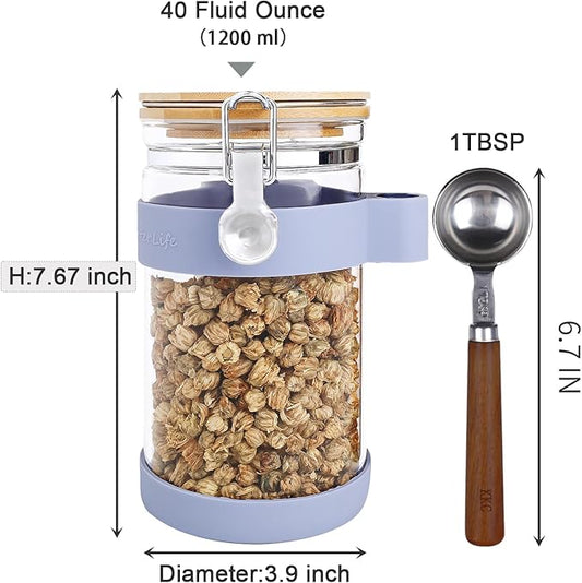KKC HOME ACCENTS Airtight Clear Glass Food Storage Jar with Clamp Lid and Scoop,Glass Canister with Sealed Bamboo Lid for Loose Tea,Coffee Bean,Nut,Sugar,40 Fluid Ounce