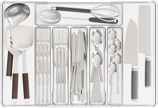 Expandable Kitchen Drawer Organizer - Clear Acrylic Adjustable Silverware Organizer - Utensil Holder and Cutlery Tray with Grooved Drawer Dividers for Flatware (Clear-8 Compartments)