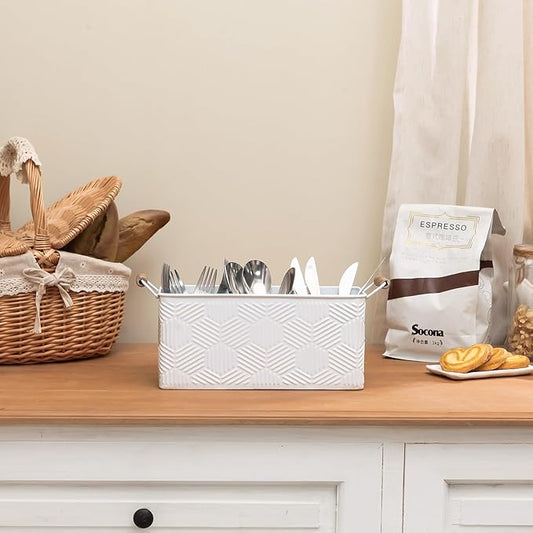 NIKKY HOME Farmhouse White Silverware Organizer with 3 Compartments Cutlery Caddy Kitchen Countertop Flatware Holder for Utensil, Spoons, Knives, Forks, Hexagon Stripe Embossed Pattern