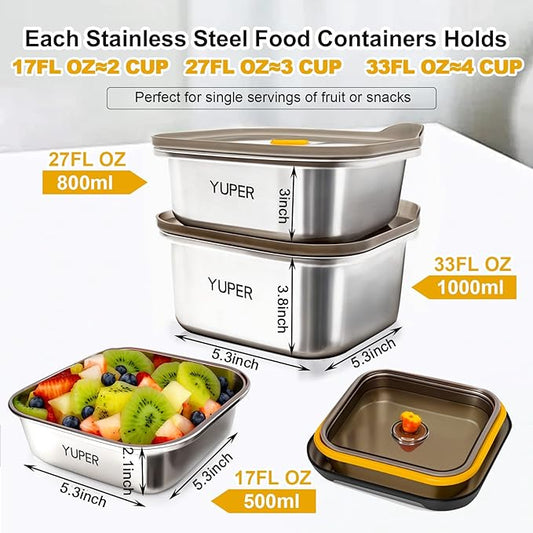 YUPER Stainless Steel Food Containers, Meal Prep Container, Bacon Cheese Container for Refrigerator, Stainless Steel Containers with Lids Fruit Lunch Storage, 3 Pack (17+27+33OZ)