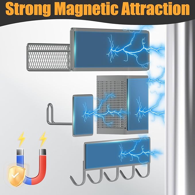 Grey Metal Spice Rack for Refrigerator, 10 Pack Moveable Magnetic Shelf Organizer with Hook Rack, Paper Towel Holder, Kitchenware Holder, Strong Magnetic Storage Fridge Organizer