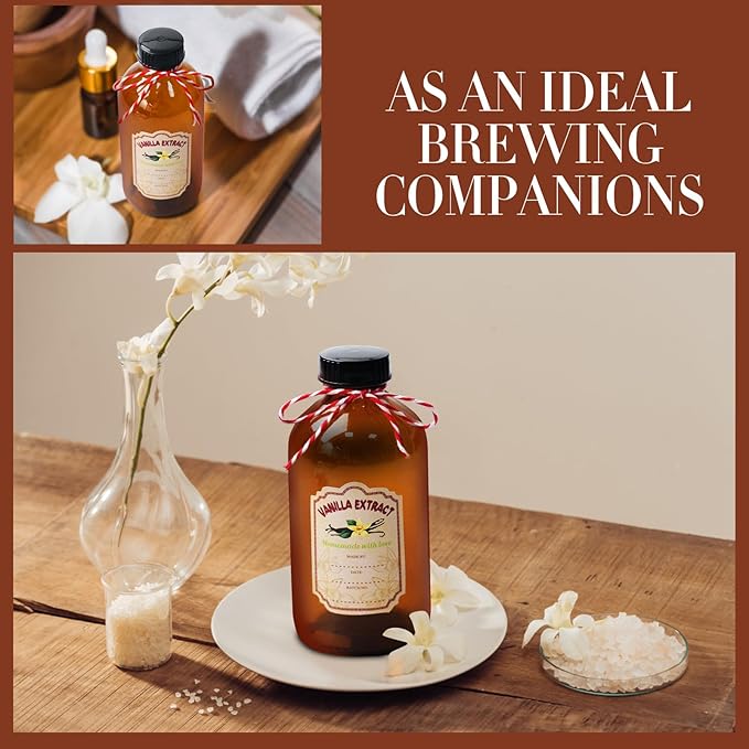 15 Pack 8 Oz Amber Glass Bottle with Caps Brown Vanilla Extract Bottles Boston Round Bottles 15 Pcs Vanilla Extract Stickers Glass Food Storage Canister for Syrup Sauce Beans Homemade Essential Oils