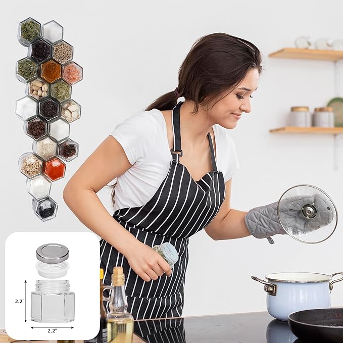 Set of 20 Magnetic Spice Jars for Refrigerator, Glass Small Hexagon Magnet Seasoning Containers with Labels, shaker Lids, Fridge Magnetic Spice Rack Organizer with Jars