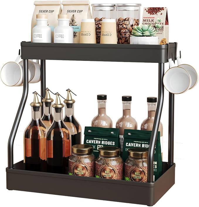 Coffee Bar Station Organizer for Countertop,Coffee Mug Cup Holder for Counter,Kitchen Countertop Organizer Shelves with 4 Hooks,Black (Large)
