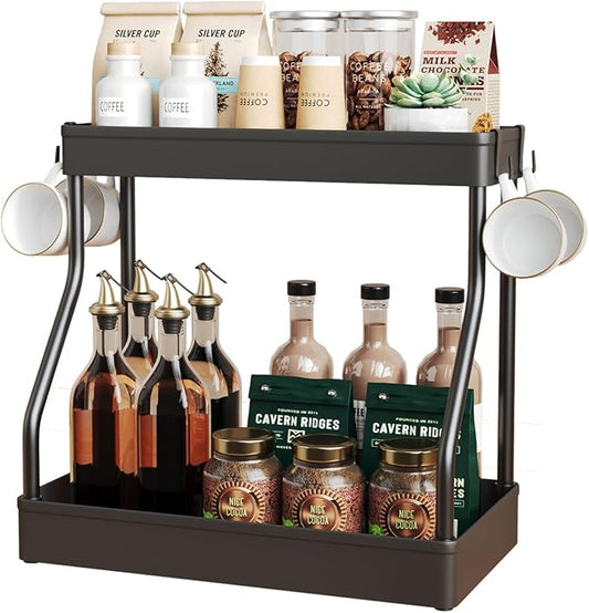 Coffee Bar Station Organizer for Countertop,Coffee Mug Cup Holder for Counter,Kitchen Countertop Organizer Shelves with 4 Hooks,Black (Large)