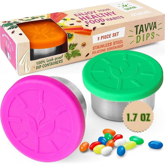 3 X 1.7oz Condiment Containers with Lids - Leakproof w/Silicone Lids - BPA Free - Dishwasher & Freezer Safe - Reusable Salad Dressing Container To Go - Sauce & Dip Cup for Lunchbox, Meal Prep