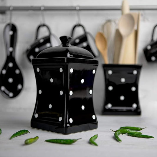 City to Cottage Handmade Black and White Polka Dot Large Ceramic 31.5oz/900ml Kitchen Storage Jar with Lid | Pottery Canister, Cookie Jar, Housewarming Gift