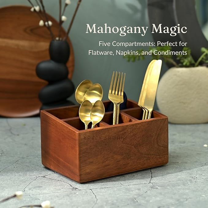 Premium Handcrafted Wooden Spoon stand for kitchen | cutlery holder for dining table | wooden caddy storage organiser stand with 5 section Mahogany Finish(8.75x6x4.5 inch)