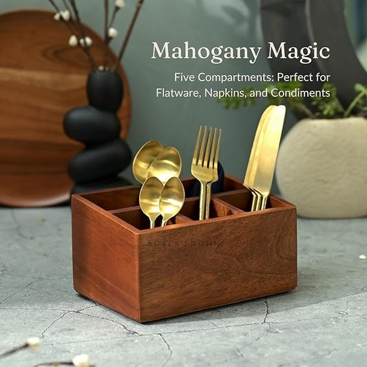 Premium Handcrafted Wooden Spoon stand for kitchen | cutlery holder for dining table | wooden caddy storage organiser stand with 5 section Mahogany Finish(8.75x6x4.5 inch)