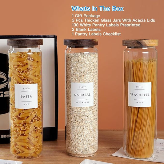 3 Set Glass Pantry Storage Jars with Acacia Airtight Lid - 50oz Thicken Glass Kitchen Canisters with 132 Pantry Labels - Tall Glass Food Storage Containers with Wood Lid for Pasta,Spaghetti,Cereal