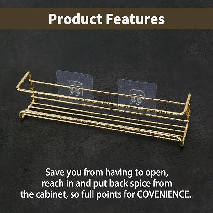 2 Pack Self Adhesive Wall Mounted Fridge Refrigerator Spice Racks,Metal Kitchen Seasoning Jar Organizer for Space Saver,Hanging Spice Organizer Shelf for Kitchen Cabinet,Wall,Pantry Door.Gold