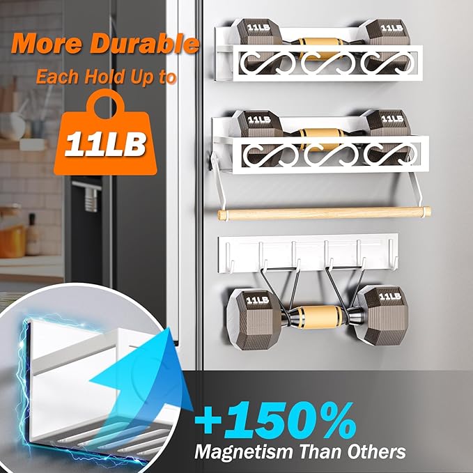 Spice Rack Magnetic for Refrigerator, 3 Pack Magnetic Spice Shelf, Moveable Fridge Organizer with 6 Hook Rack, Magnetic Fridge Seasoning Rack for Kitchen-White