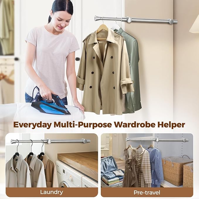12" Pull-Out Valet Rod for Closet Organization, Add Extra Hanging Space 304 Stainless Steel Closet Rods, Space-Saving Design for Small Closets,Silver