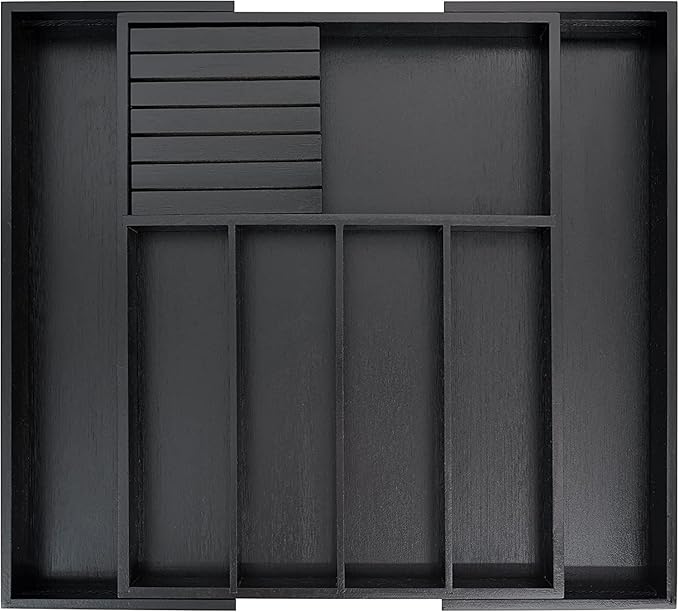 Bamboo Wood Drawer Organizer With Dividers and Removable Knife Block - Silverware and Kitchen Organizer - 12.75-22 x 17 x 2 In (Black)