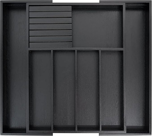 Bamboo Wood Drawer Organizer With Dividers and Removable Knife Block - Silverware and Kitchen Organizer - 12.75-22 x 17 x 2 In (Black)