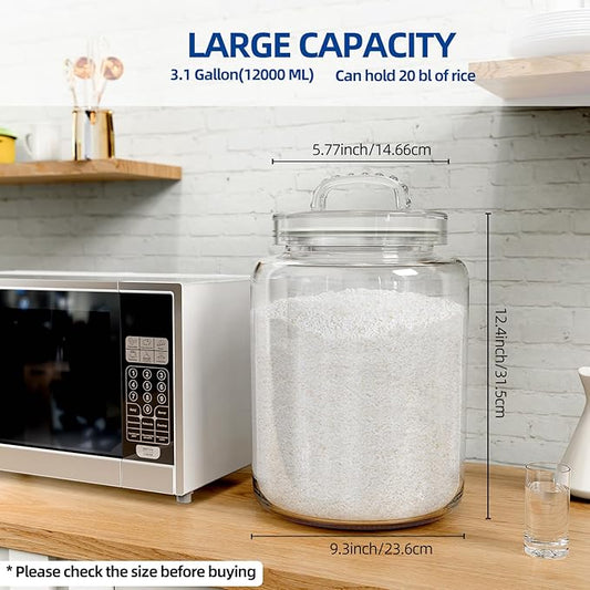 3 Gallon Glass Jar with Lid, Wide Mouth Large Glass Canister with lid, Super Large Cookie Jar for Food Storage, Sugar, Flour, Cookies,Dog Treats
